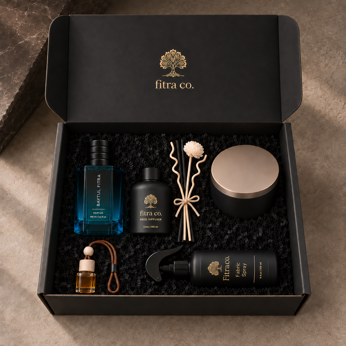 Build Your Own Gift Set with five example products and bundled diffuser reeds tied with a bow inside a full-size open gift box.
