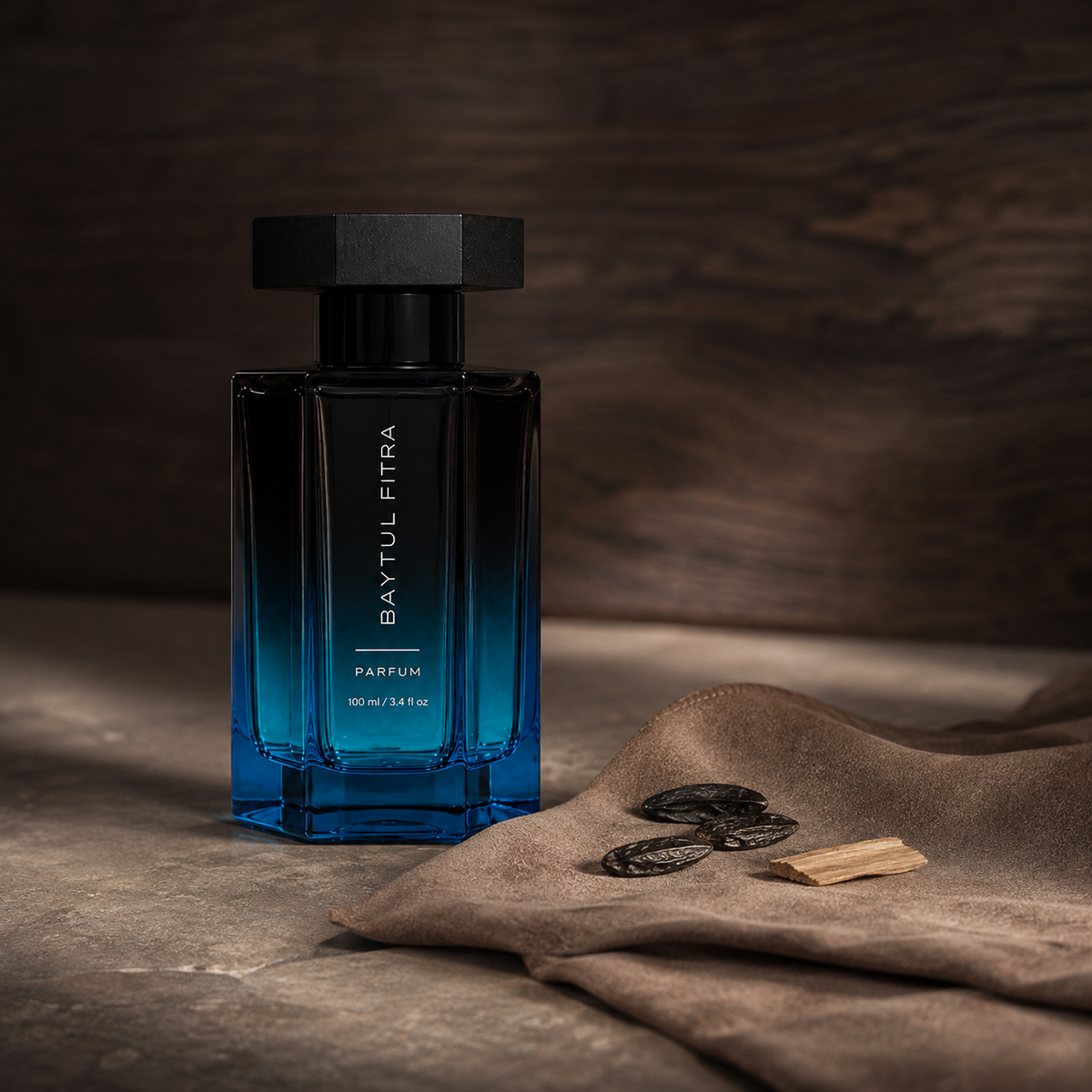Fitra Tonka perfume in a calm natural editorial setting with fragrance note accents.