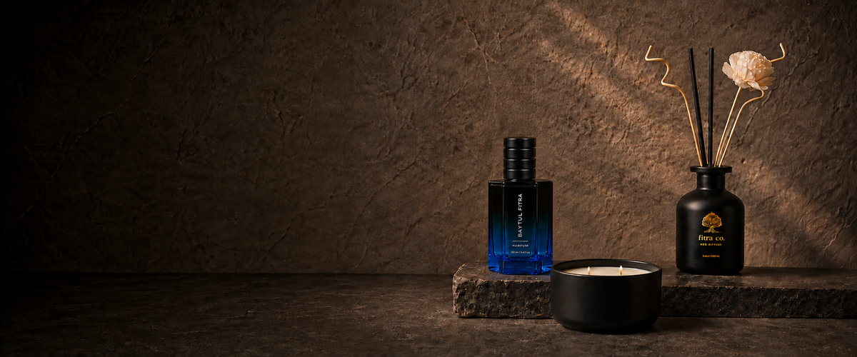 Fitraco perfume, broad black candle and decorative home diffuser with corrected product proportions on warm dark stone.